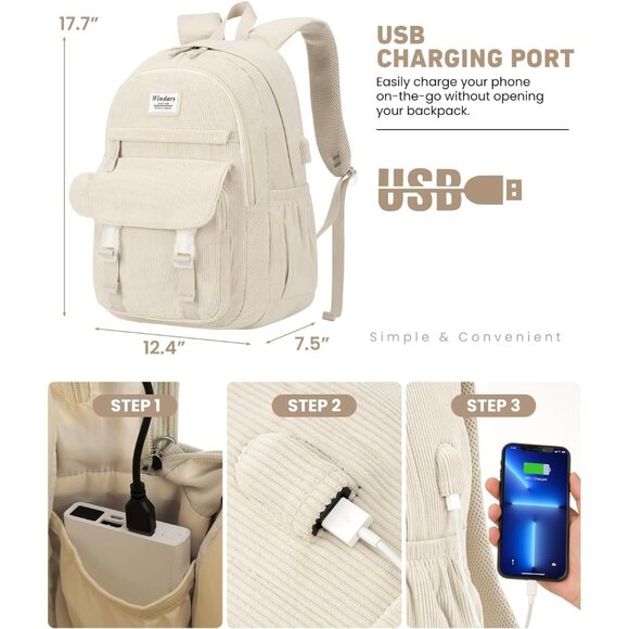 Cute Beige Corduroy Backpack for Girls - 15.6 Inch, Lightweight & Functional - Picture 3 of 6